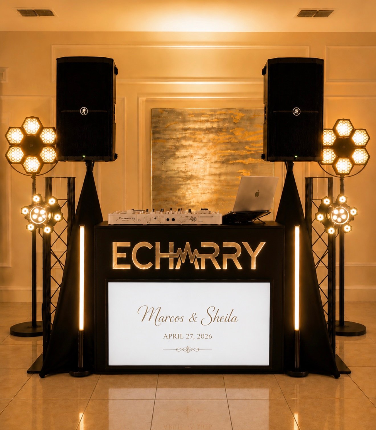 El montaje de ECHARRY con cabina, sonido e iluminación cálida.