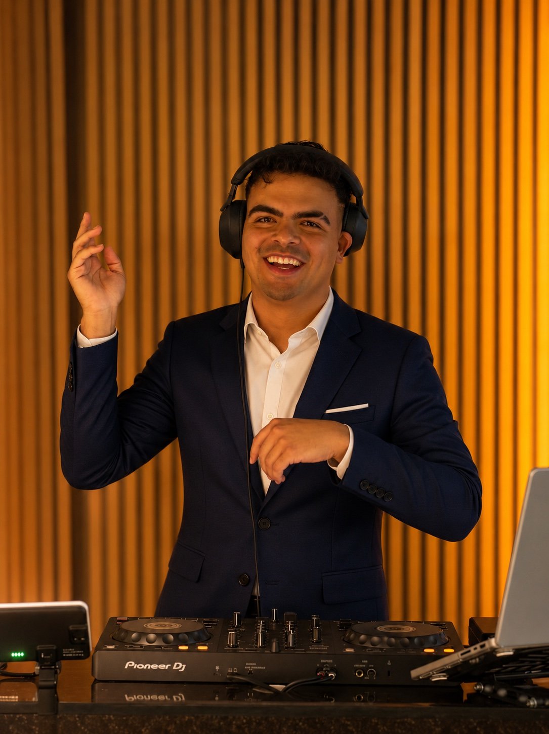 ECHARRY sonriendo con auriculares detrás de su mesa de DJ.