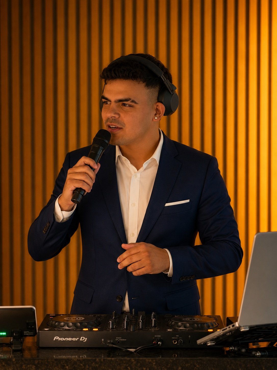 ECHARRY, MC de BRATHA EVENTS, con micrófono durante una celebración.